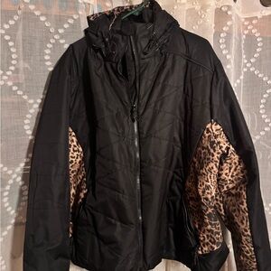 Women’s Black Puffer Jacket with Leopard Panels